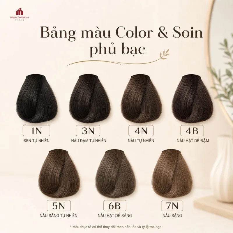Bảng màu thuốc nhuộm Color & Soin cho tóc bạc với các tông đen, nâu hạt dẻ, nâu chocolate và vàng hạt phỉ