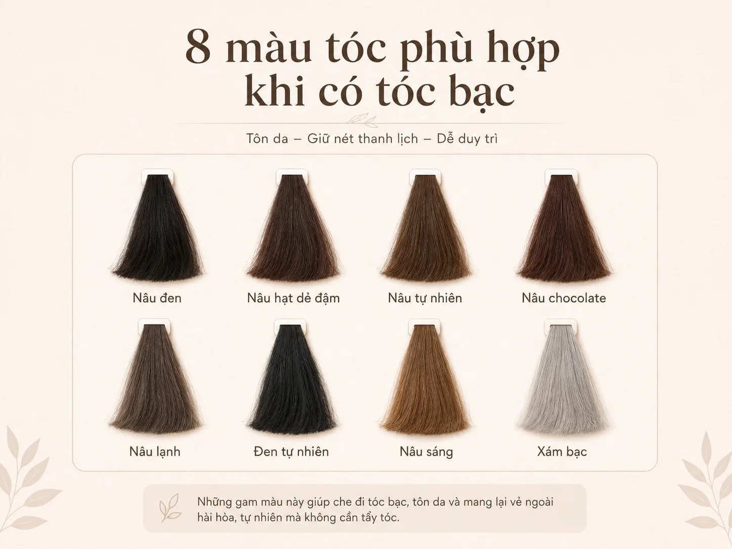Bảng tám màu nhuộm phù hợp cho tóc bạc gồm đen, nâu và xám bạc