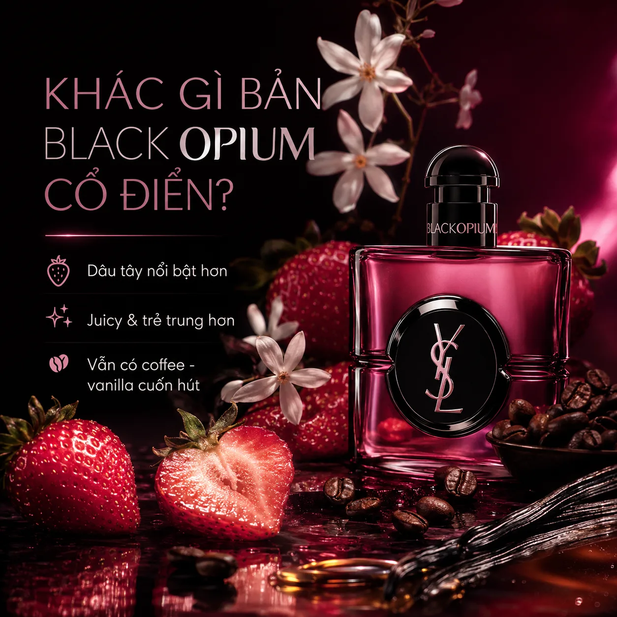 YSL Black Opium Pink Glaze nổi bật với dâu tây juicy bên cạnh cà phê và vanilla đặc trưng