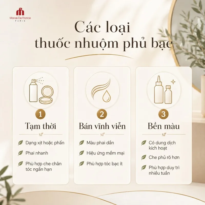 Ba loại thuốc nhuộm tóc phủ bạc gồm tạm thời, bán vĩnh viễn và bền màu