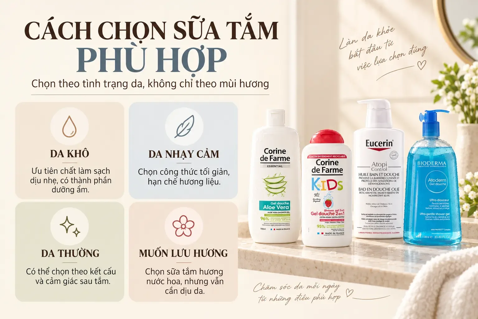 Các loại sữa tắm và gel tắm phù hợp với từng nhu cầu