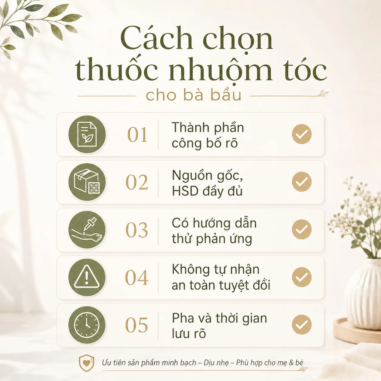 Năm tiêu chí chọn thuốc nhuộm tóc cho bà bầu gồm thành phần, nguồn gốc và thử phản ứng