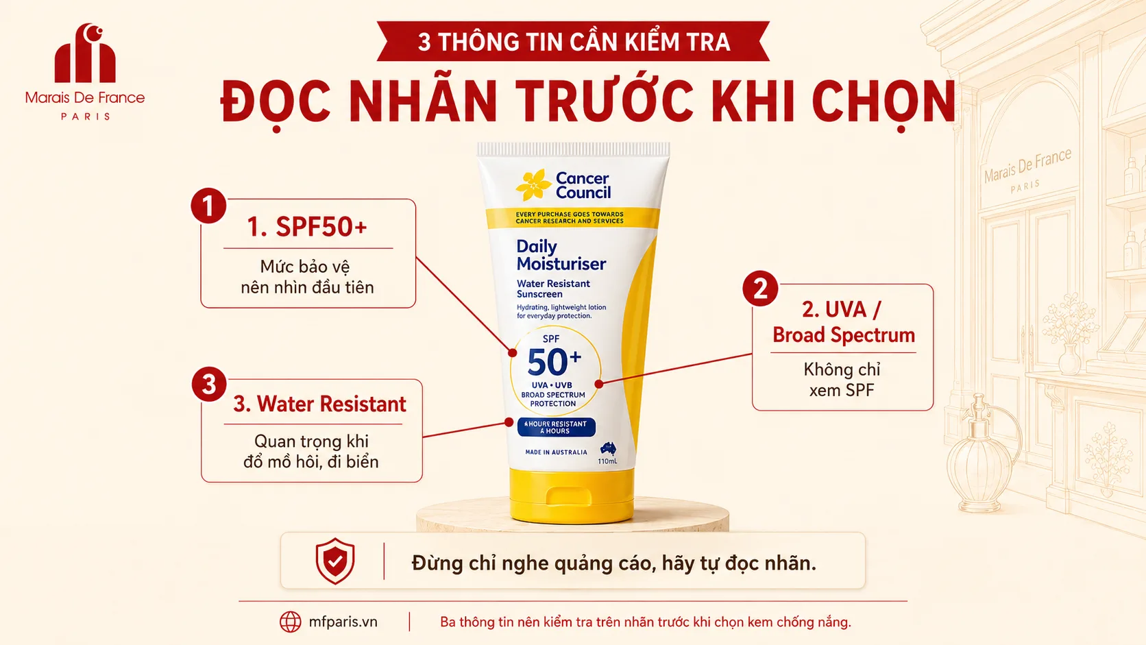 Hướng dẫn đọc nhãn kem chống nắng với SPF50+, bảo vệ UVA Broad Spectrum và thông tin Water Resistant