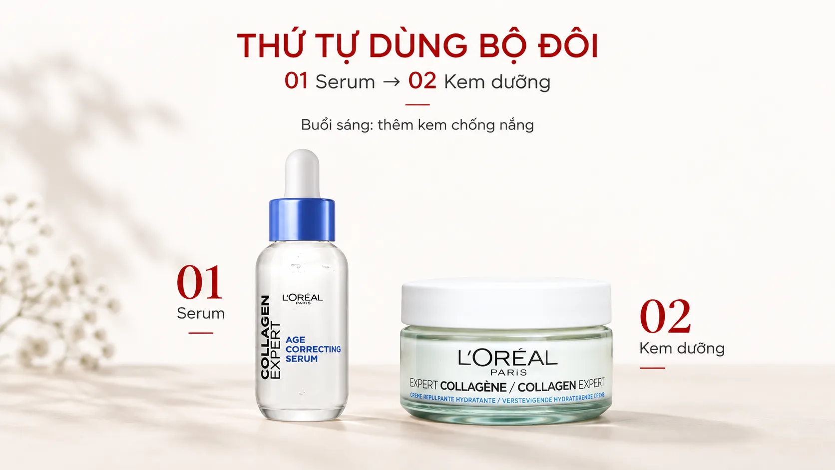 Thứ tự dùng serum trước kem dưỡng trong bộ đôi L'Oréal Collagen Expert.