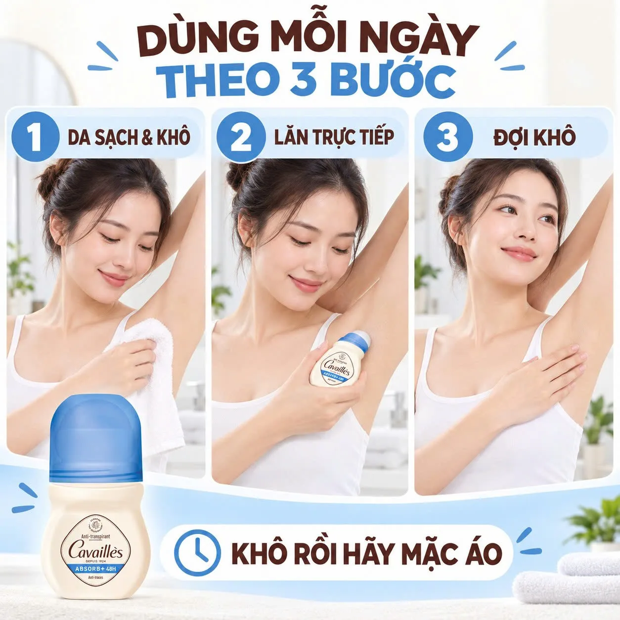 Cách sử dụng lăn ngăn mồ hôi Roge Cavailles Absorb+ 48H Roll-On