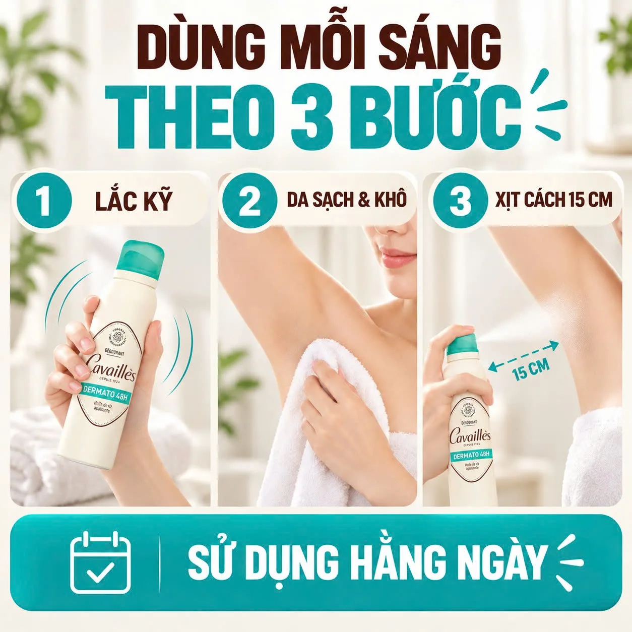Cách sử dụng xịt khử mùi Roge Cavailles Deodorant Dermato 48h Spray