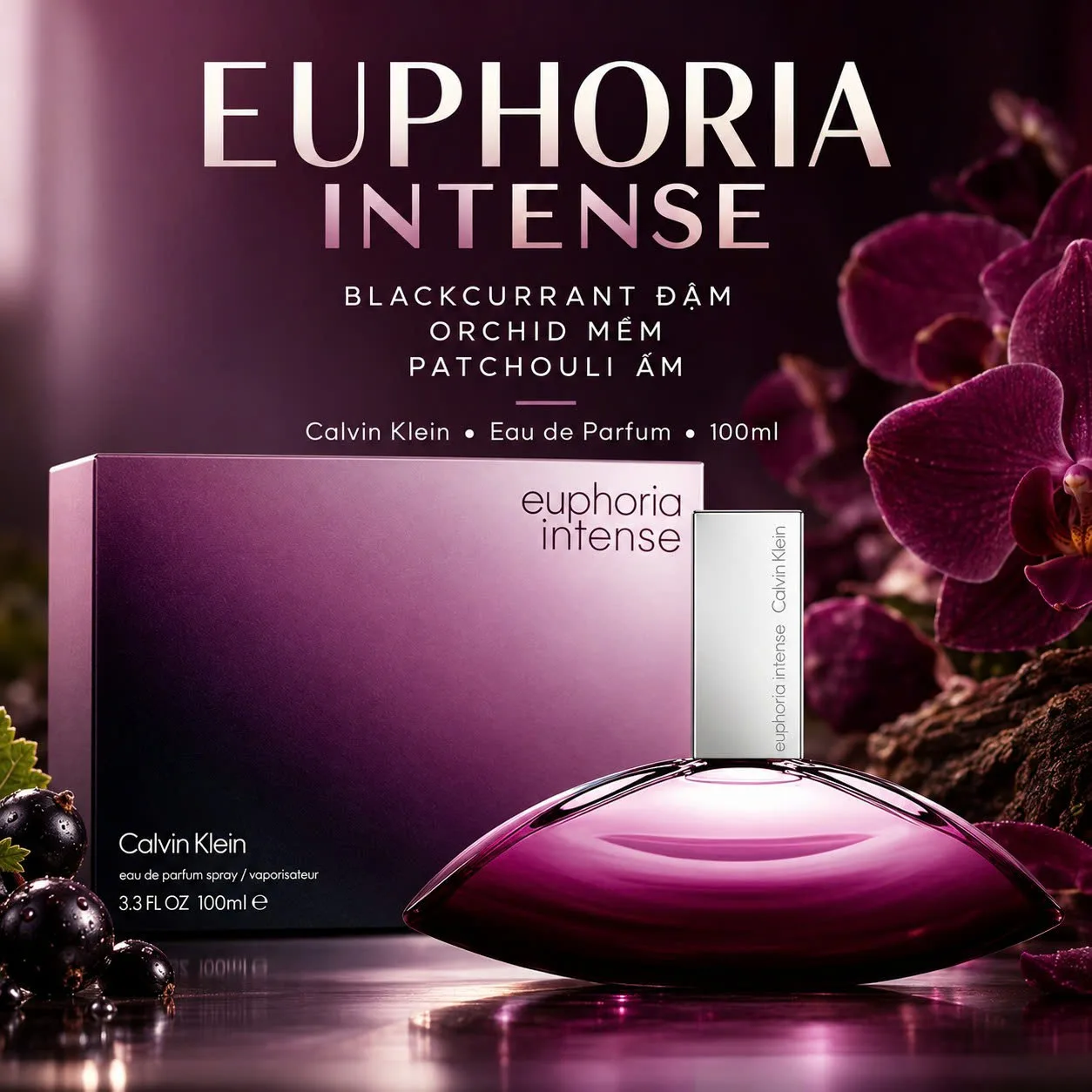 Cận cảnh thiết kế chai Calvin Klein Euphoria Intense màu tím với nắp bạc