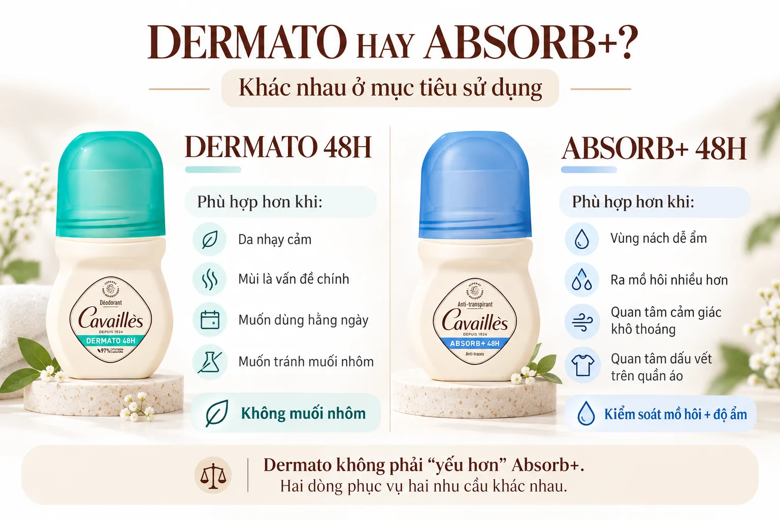 So sánh Cavaillès Dermato 48H và Absorb+ theo nhu cầu sử dụng So sánh Cavaillès Dermato 48H và Absorb+ theo nhu cầu sử dụng