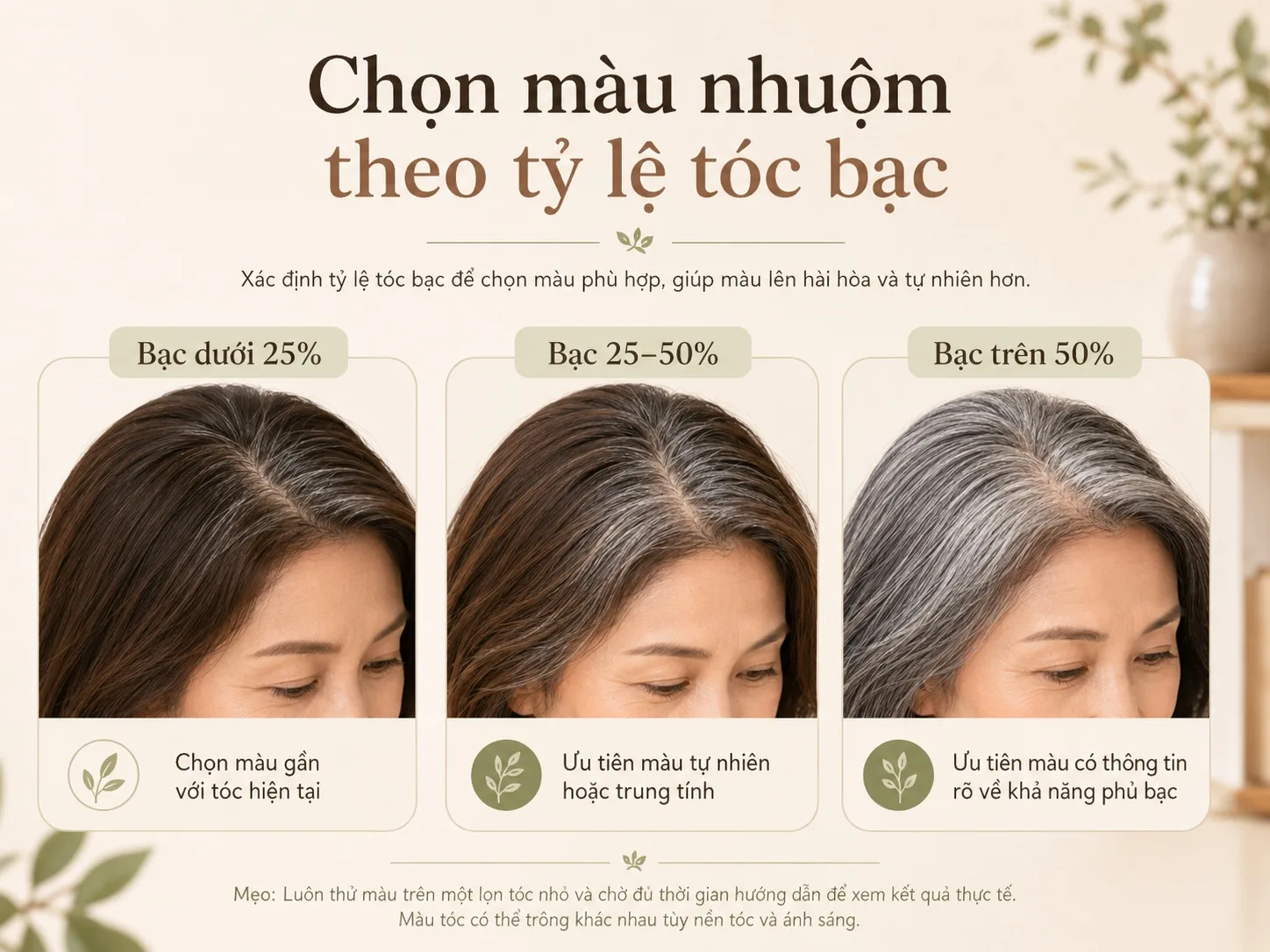 Hướng dẫn chọn màu nhuộm theo tỷ lệ tóc bạc dưới 25 phần trăm, từ 25 đến 50 phần trăm và trên 50 phần trăm