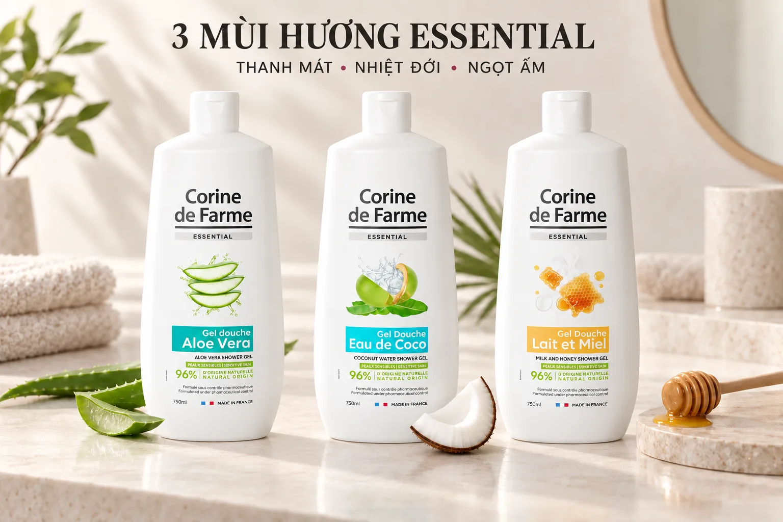 Ba dòng Corine de Farme Essential Aloe Vera, Eau de Coco và Milk & Honey Ba dòng Corine de Farme Essential Aloe Vera, Eau de Coco và Milk & Honey