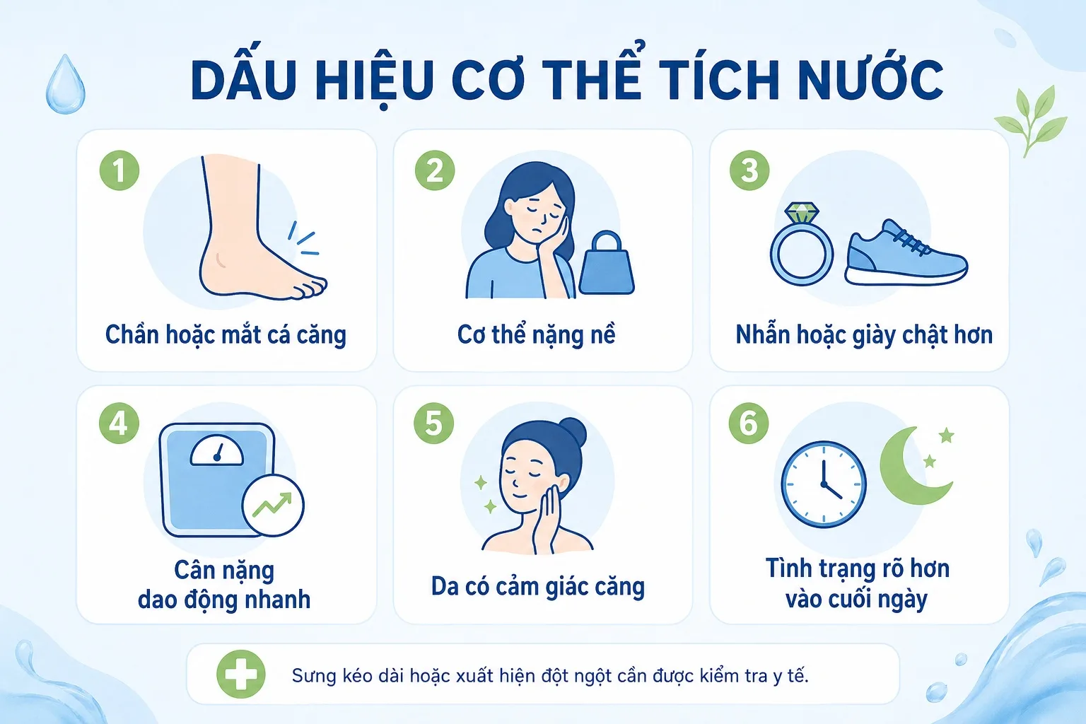 Dấu hiệu cơ thể tích nước gồm chân nặng, nhẫn chật và cân nặng dao động
