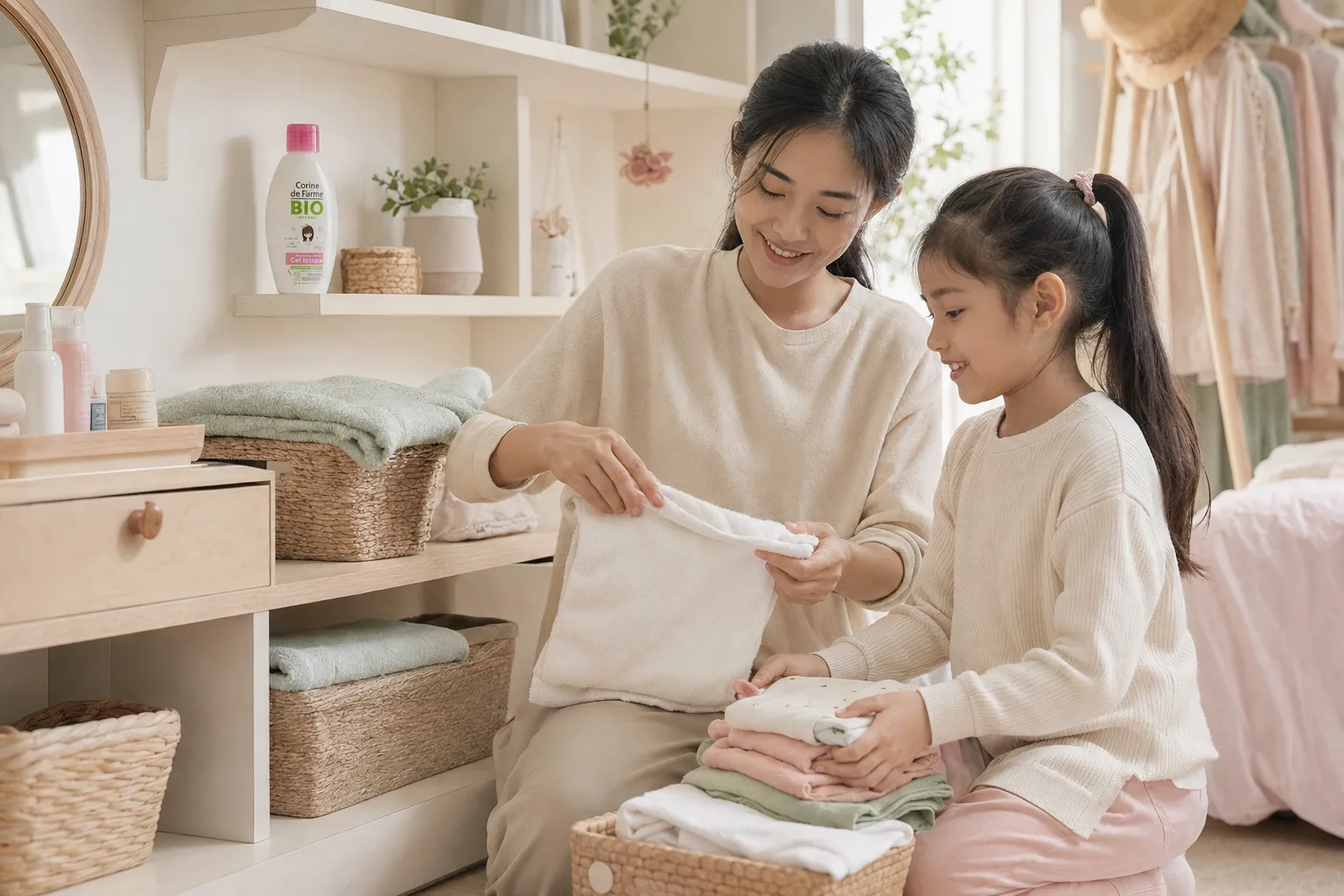 Mẹ hướng dẫn bé gái tự chăm sóc vệ sinh cá nhân nhẹ nhàng