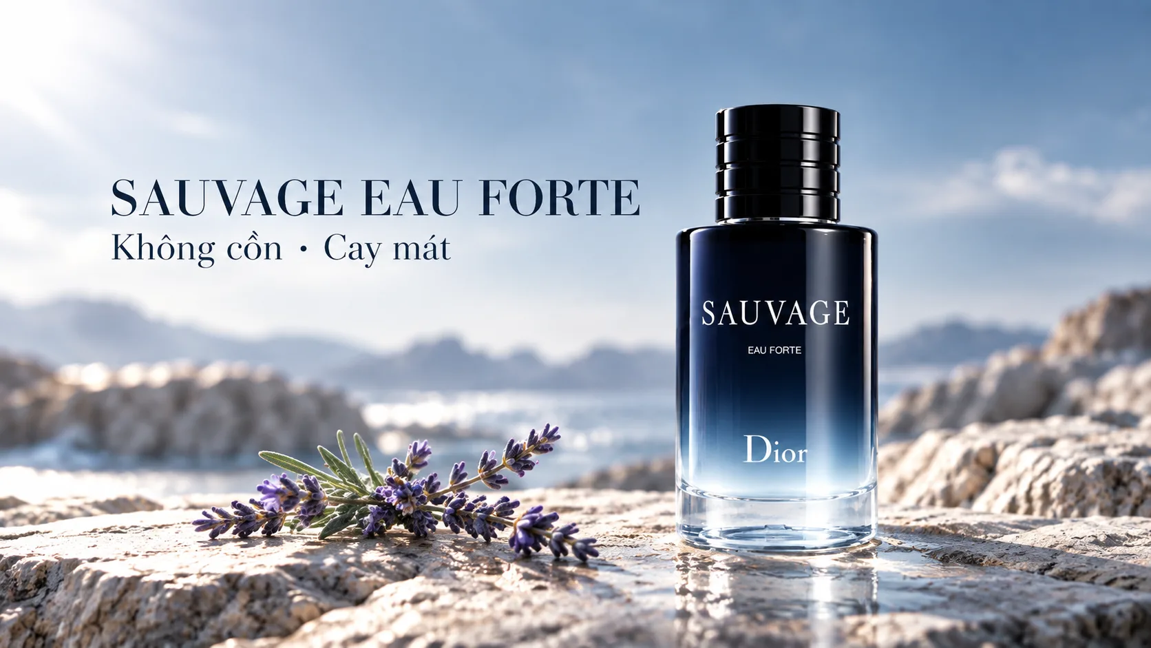Chai Dior Sauvage Eau Forte trên nền đá sáng có phản chiếu nước nhẹ, cạnh nhánh oải hương.