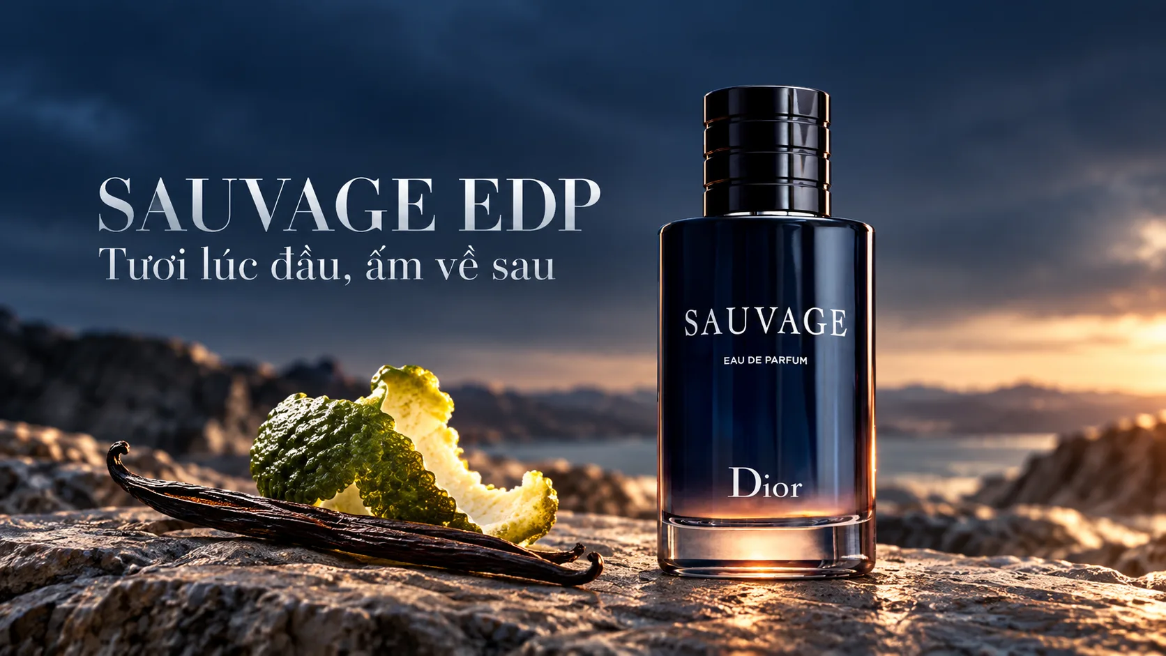 Chai Dior Sauvage Eau de Parfum với vỏ bergamot và nhánh vanilla trên nền xanh đậm.