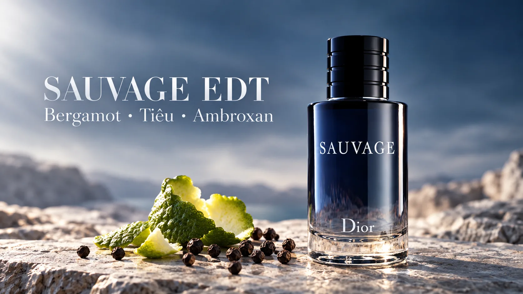 Chai Dior Sauvage Eau de Toilette cạnh vỏ bergamot và hạt tiêu đen trên nền đá sáng