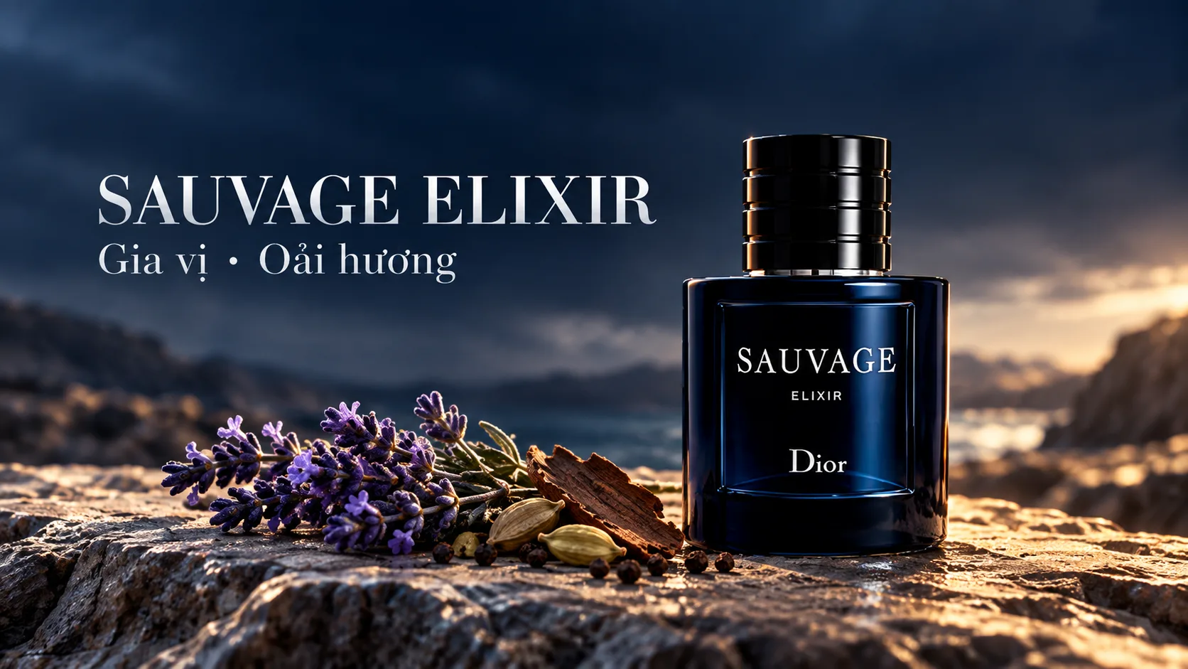 Chai Dior Sauvage Elixir trên nền xanh đêm, cạnh nhánh oải hương và gia vị.