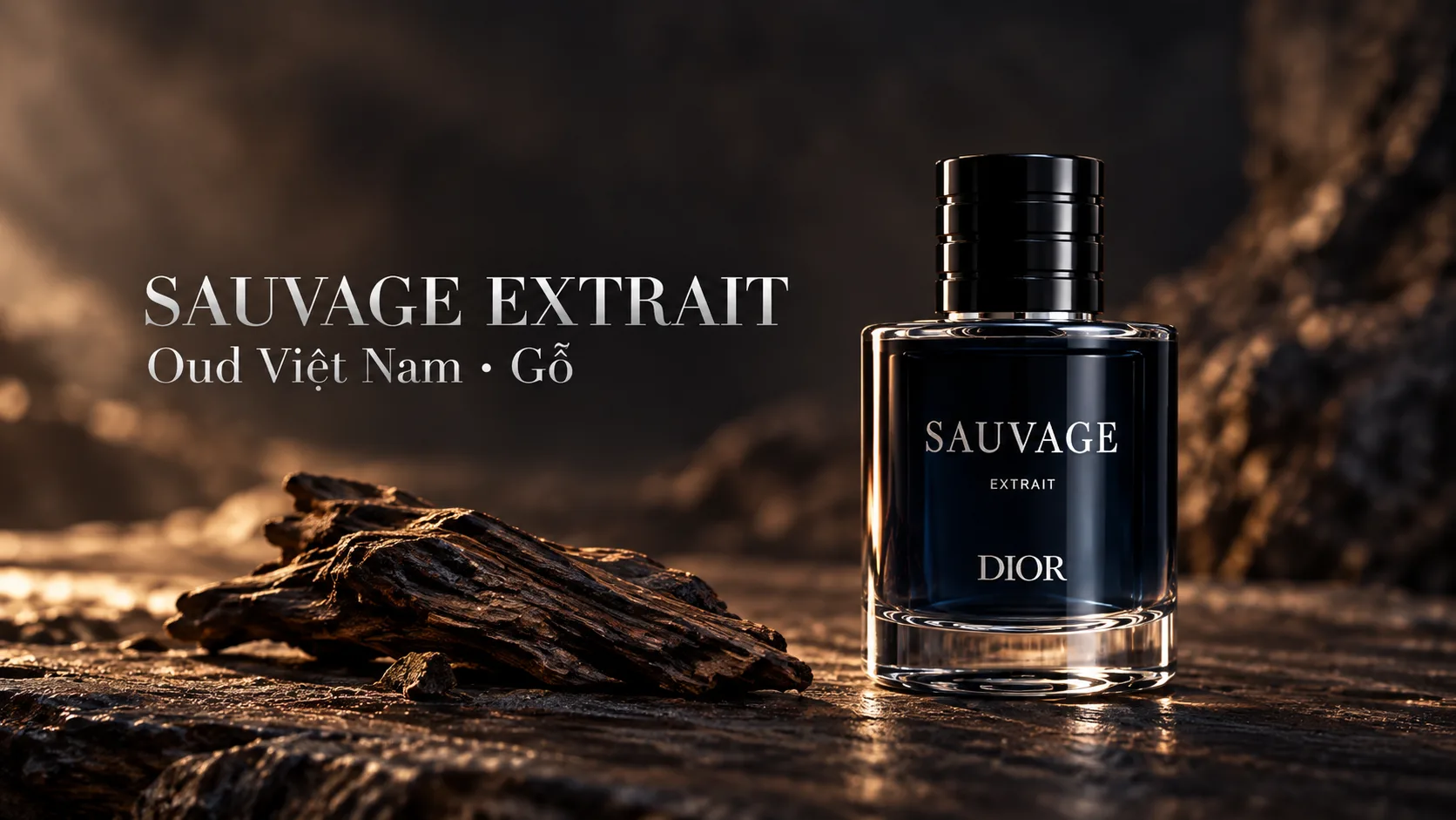 Chai Dior Sauvage Extrait cạnh mảnh gỗ trầm trên nền nâu than.