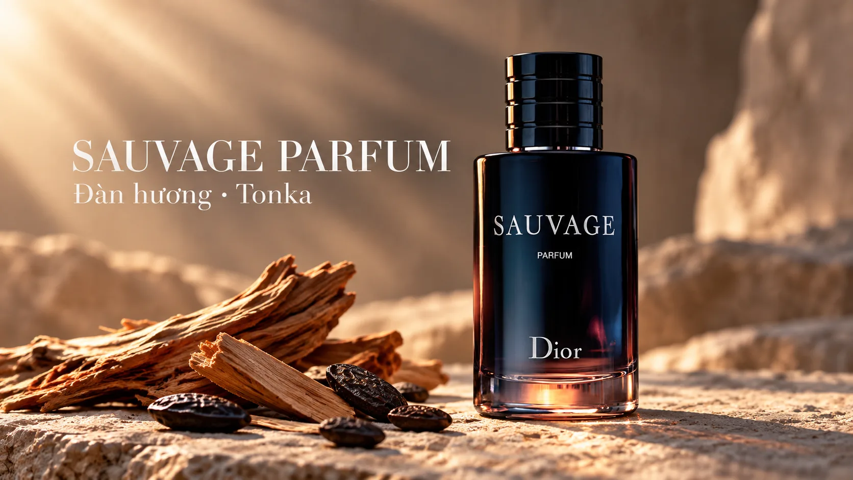 Chai Dior Sauvage Parfum trước nền beige, cạnh chi tiết gỗ và vỏ quýt.