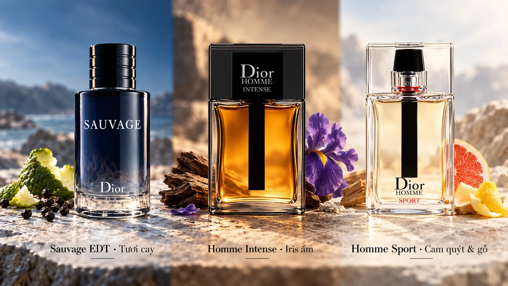 Ba chai Dior Sauvage EDT, Dior Homme Intense và Dior Homme Sport đặt cạnh nhau trên nền sáng.