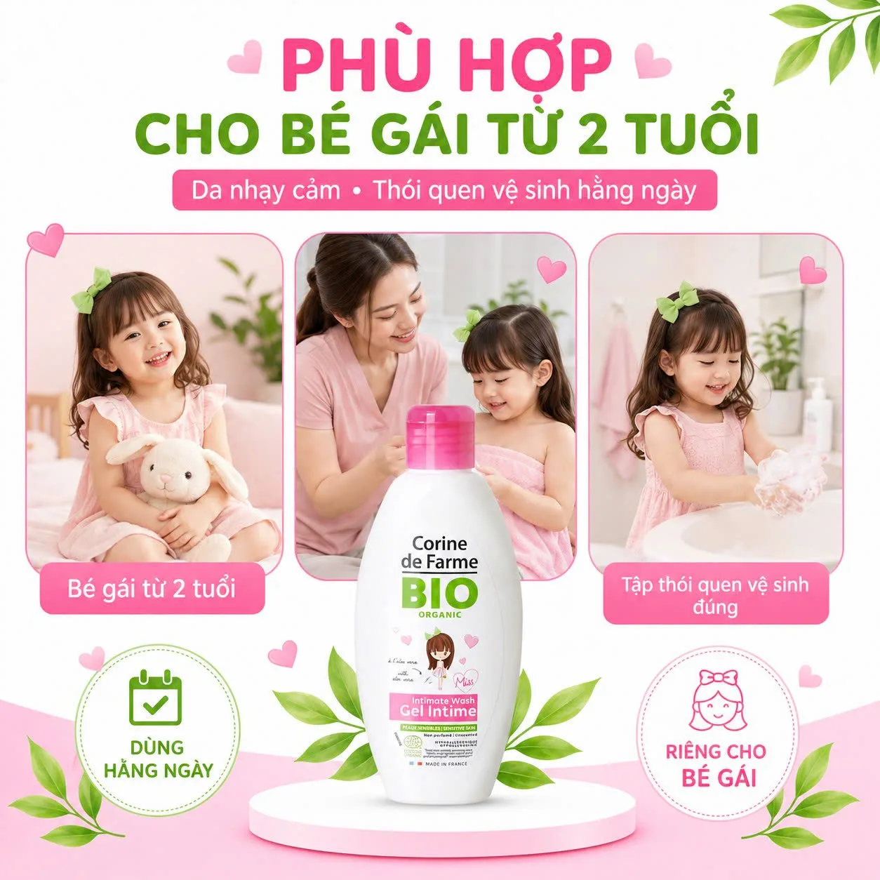 Đối tượng sử dụng gel vệ sinh Corine de Farme Miss là bé gái từ 2 tuổi