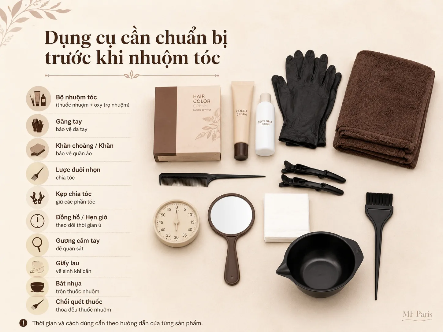 Bộ dụng cụ cần chuẩn bị trước khi tự nhuộm tóc phủ bạc