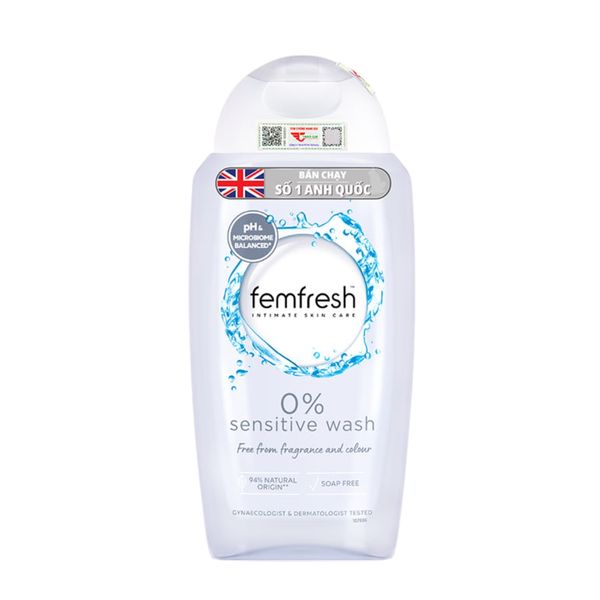 Dung dịch vệ sinh phụ nữ Femfresh 0% Sensitive Wash, cho da nhạy cảm mặt trước