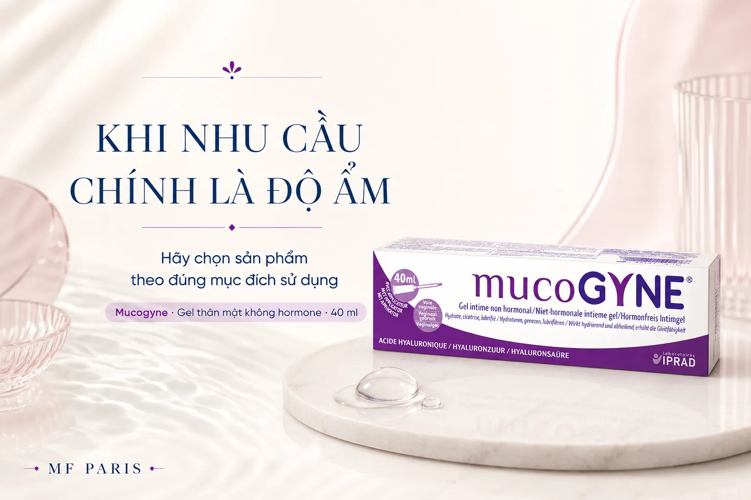 Gel phụ khoa Mucogyne dùng trong nội dung về nhu cầu cấp ẩm và bôi trơn vùng nhạy cảm