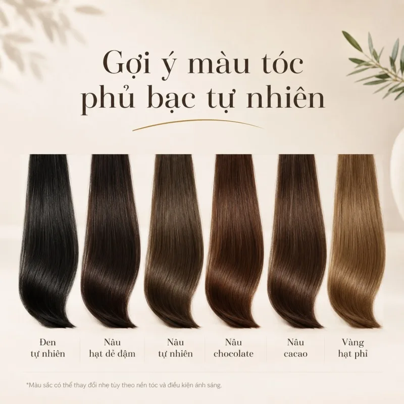 Bảng gợi ý màu nhuộm phủ bạc gồm đen tự nhiên, nâu hạt dẻ, nâu chocolate và nâu cacao