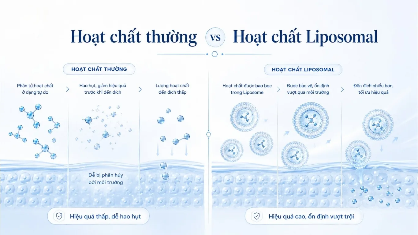 So sánh hoạt chất thông thường với hoạt chất có Liposome