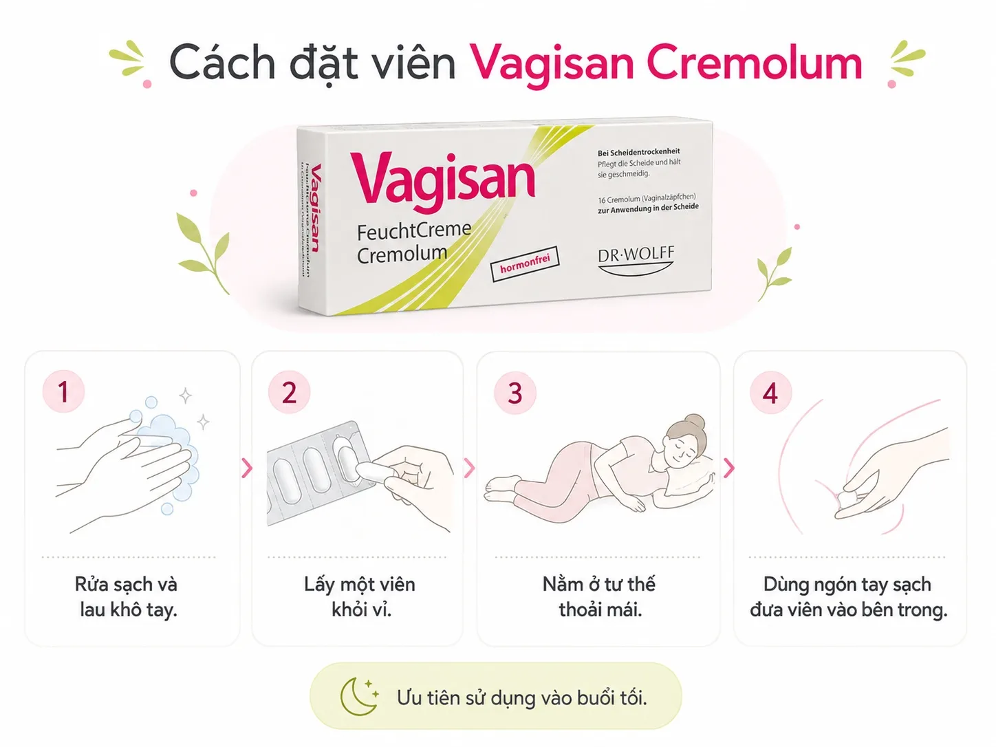 Hướng dẫn cách đặt viên Vagisan FeuchtCreme Cremolum