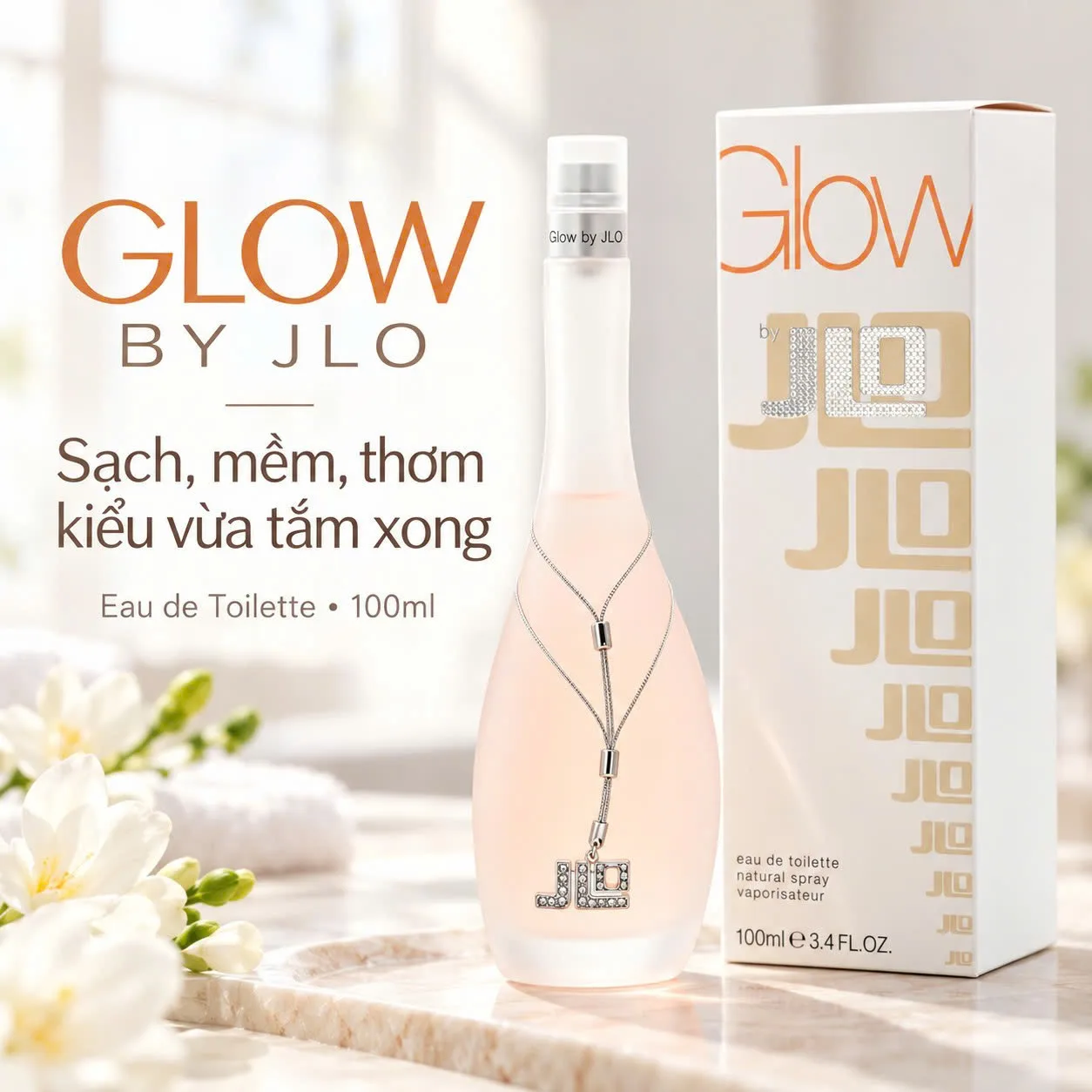 Hình ảnh xà phòng trắng và khăn bông minh họa mùi nước hoa Jennifer Lopez Glow