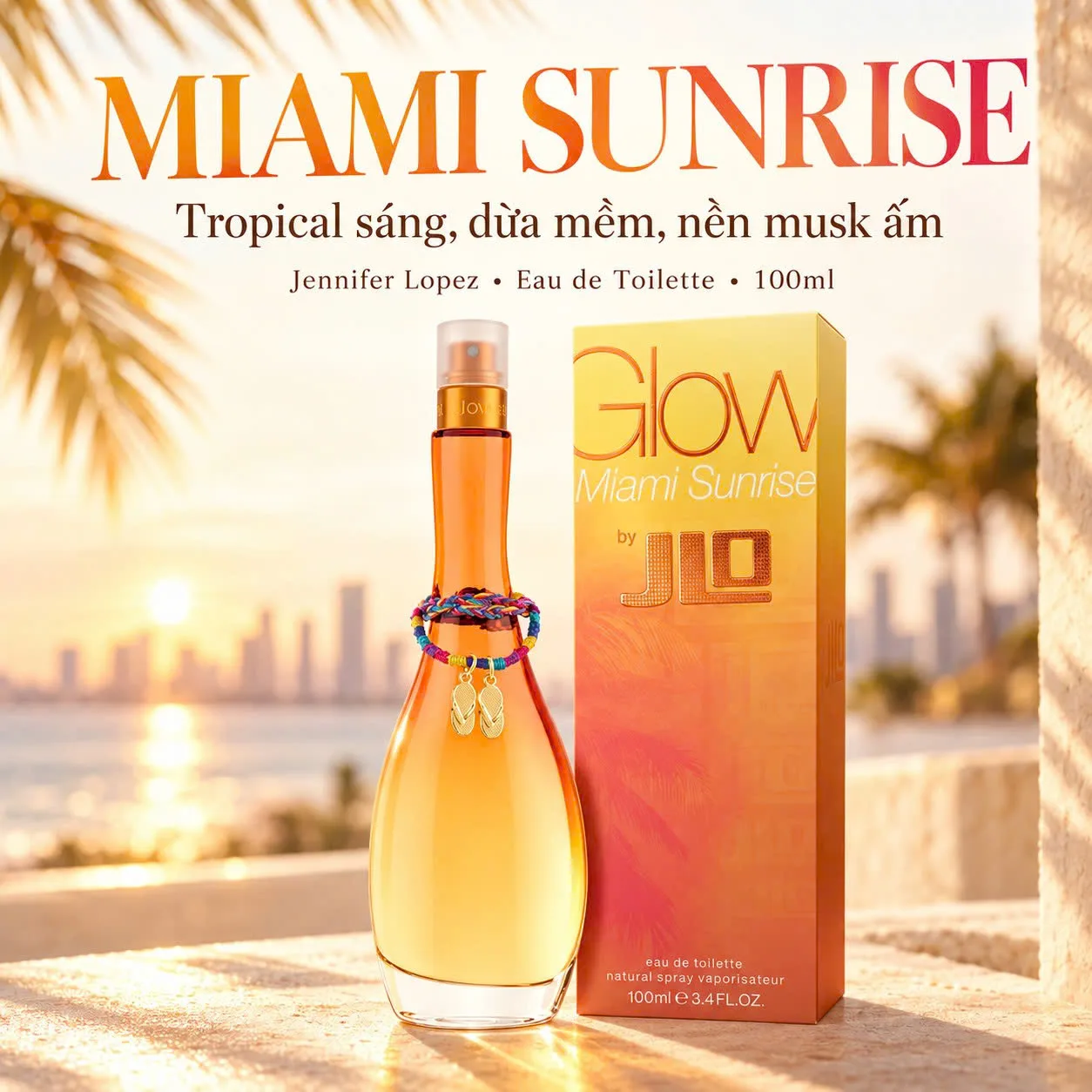 Thiết kế chai và hộp Jennifer Lopez Glow Miami Sunrise màu cam vàng