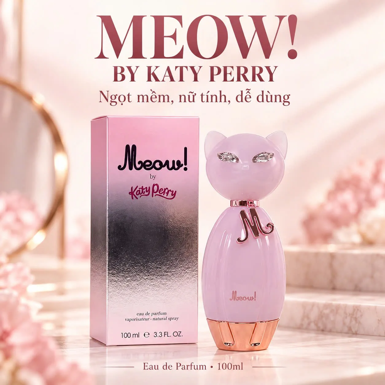 Cận cảnh thiết kế chai nước hoa Katy Perry Meow hình chú mèo màu hồng và box