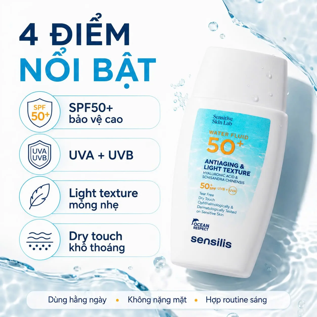 Kem Chống Nắng Nâng Tông Sensilis Water Fluid SPF 50+ Color Công Dụng