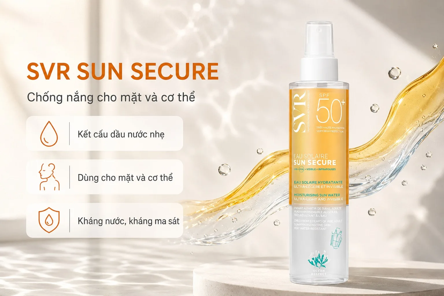 SVR Sun Secure Eau Solaire SPF50+ dùng cho mặt và cơ thể