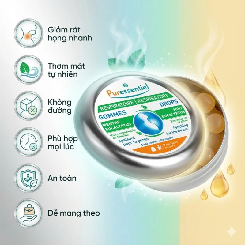 Kẹo ngậm thông cổ Puressentiel Respiratory Mint 45g