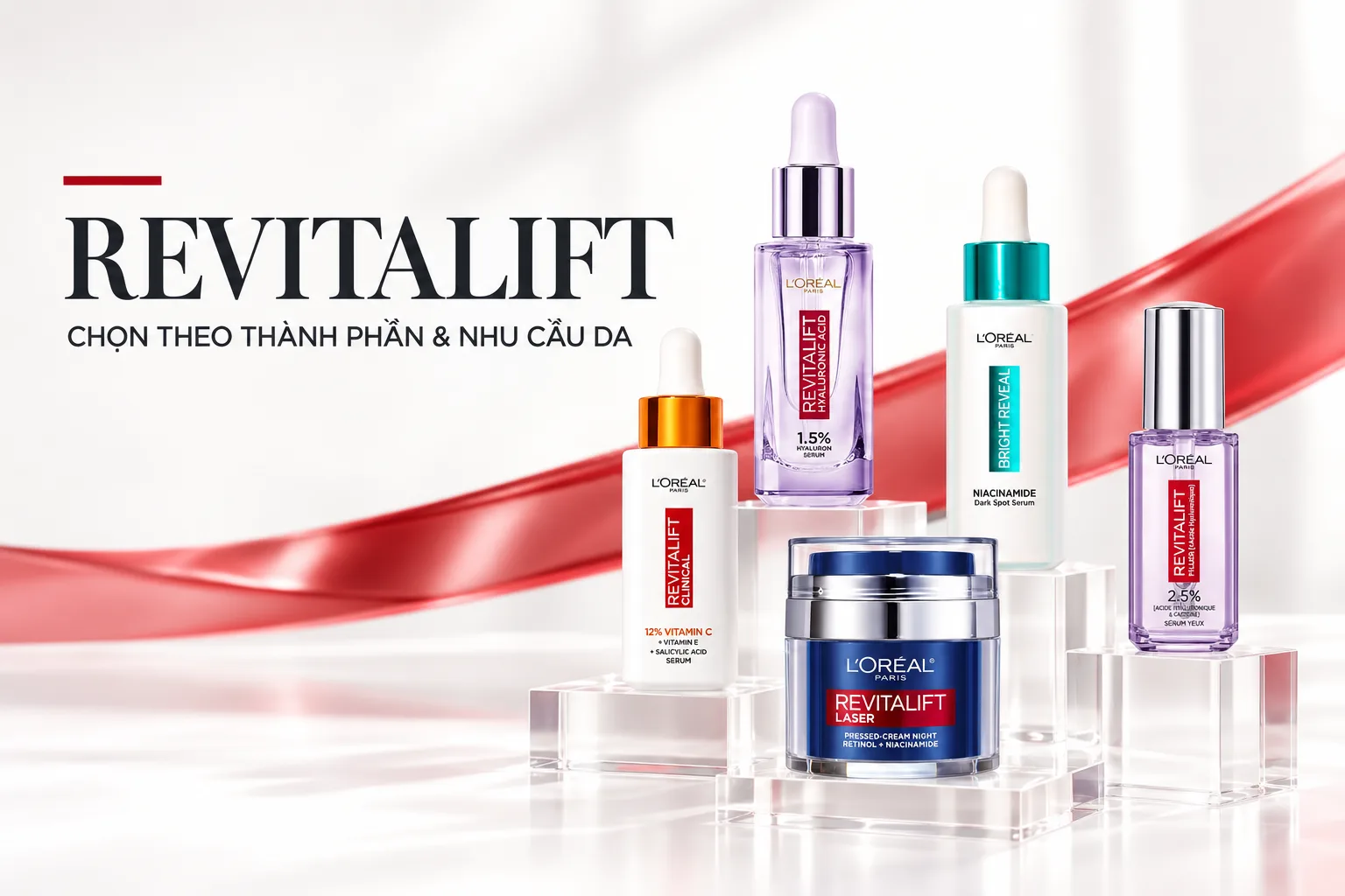 Các sản phẩm L'Oréal Revitalift gồm serum và kem dưỡng