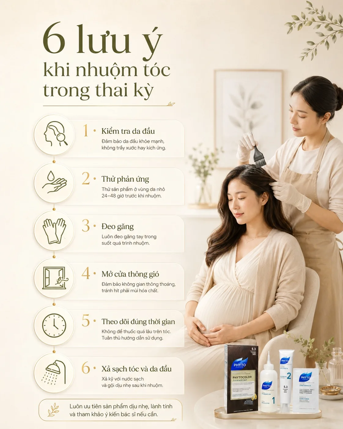 Sáu lưu ý khi nhuộm tóc trong thai kỳ gồm thử phản ứng, đeo găng và thông gió