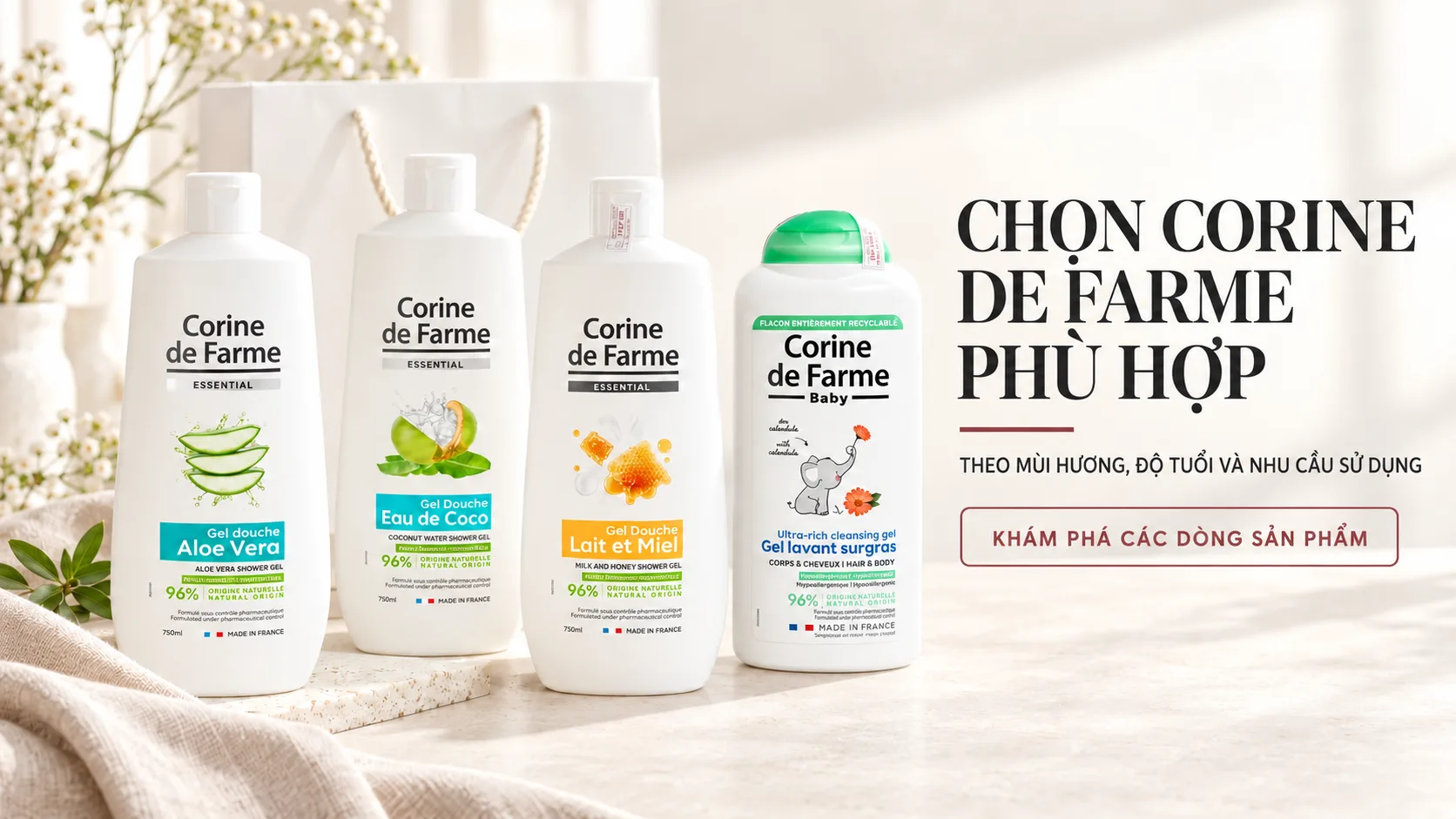 Các sản phẩm Corine de Farme được bày trong không gian mỹ phẩm phong cách Pháp Các sản phẩm Corine de Farme được bày trong không gian mỹ phẩm phong cách Pháp