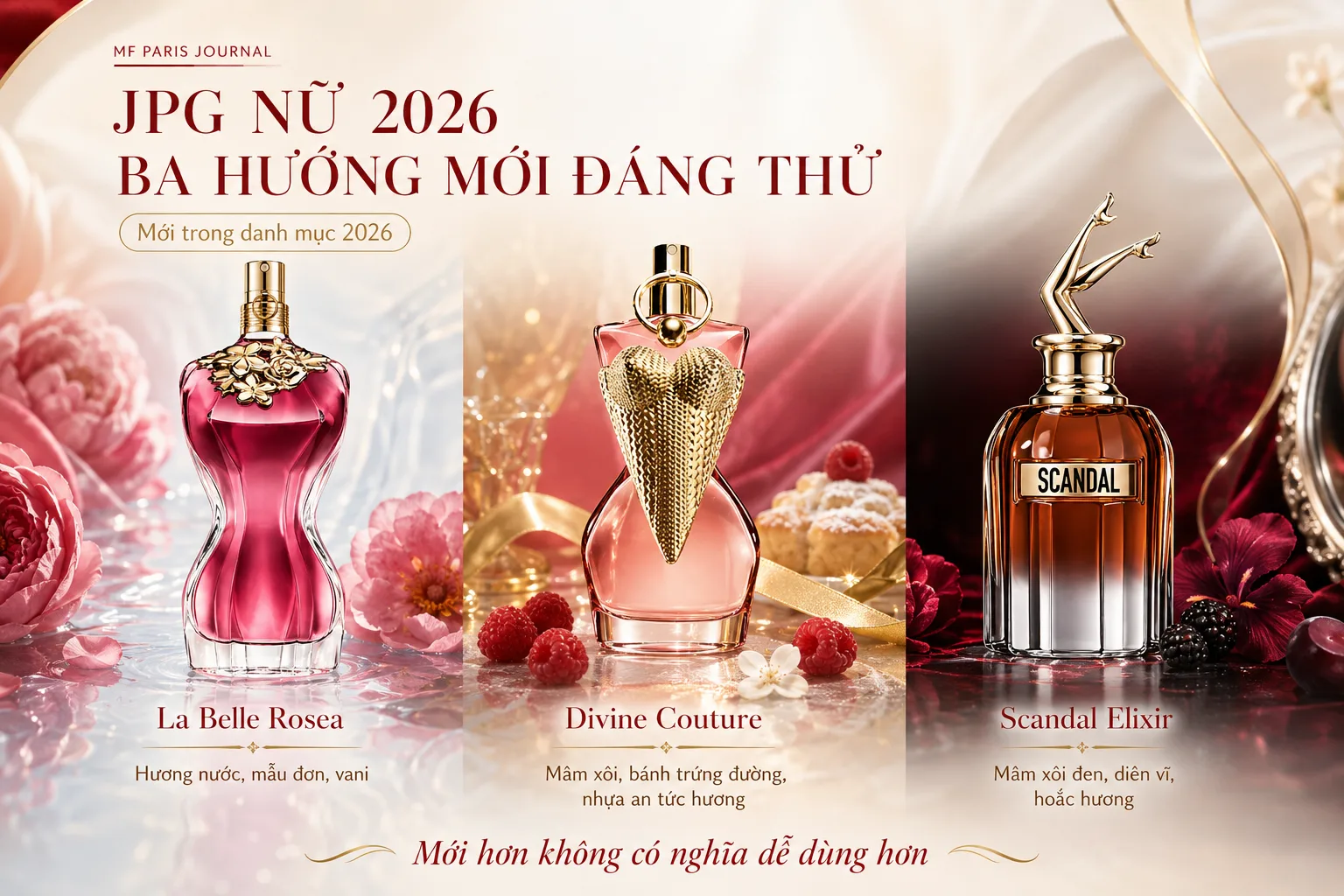 Nước hoa Jean Paul Gaultier nữ mới năm 2026 gồm La Belle Rosea Divine Couture và Scandal Elixir