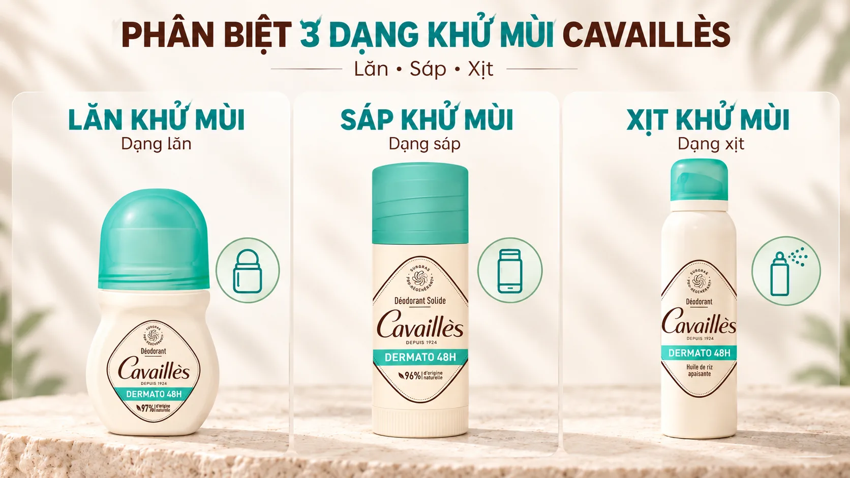 So sánh 3 dạng sản phẩm của khu mùi cavailles dermato 48h So sánh 3 dạng sản phẩm của khu mùi cavailles dermato 48h