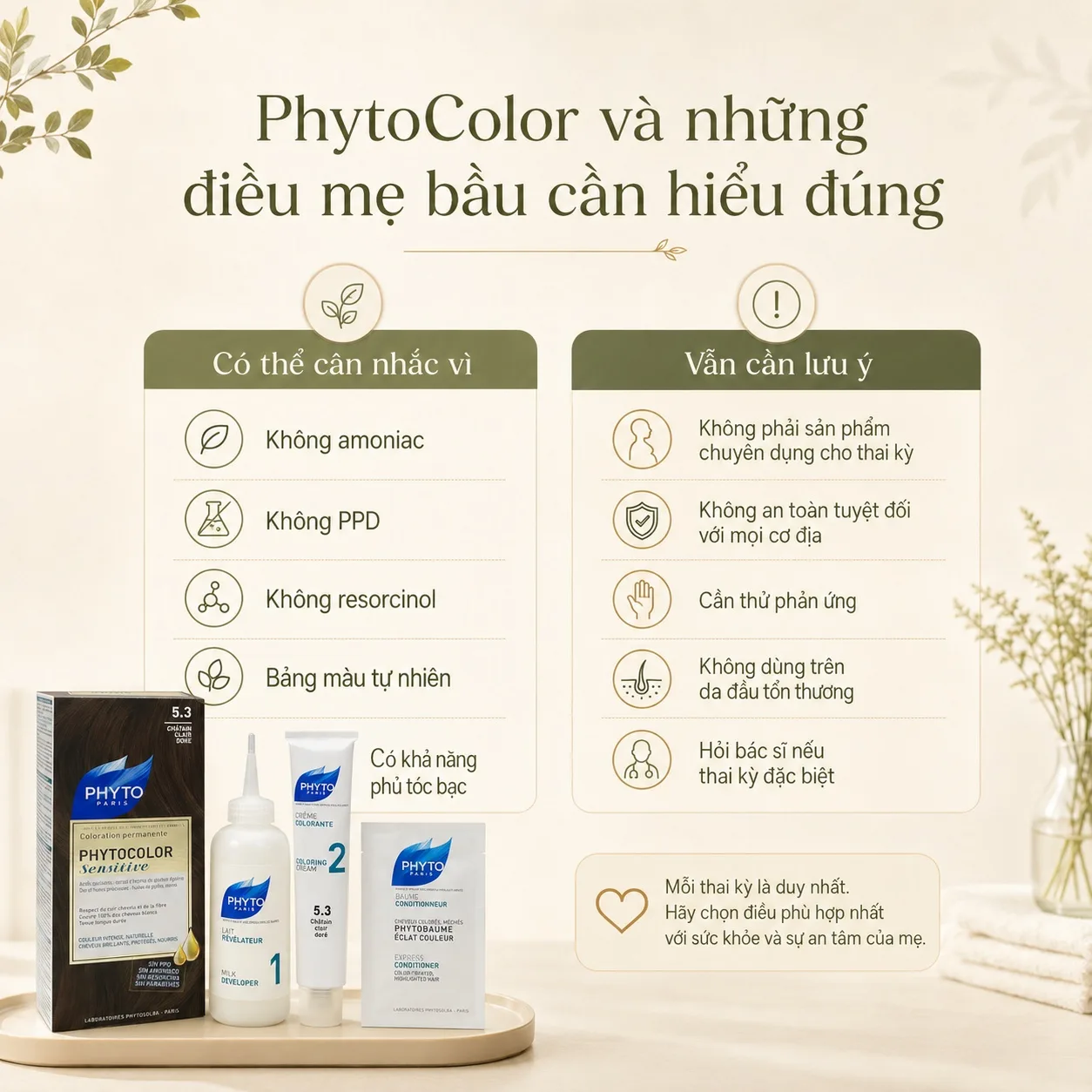 Infographic phân tích ưu điểm và lưu ý khi mẹ bầu cân nhắc thuốc nhuộm PhytoColor