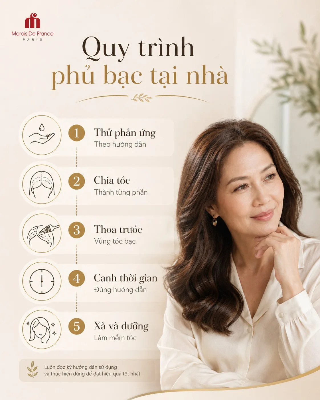 Quy trình năm bước nhuộm tóc phủ bạc tại nhà từ chia tóc, thoa thuốc đến xả và dưỡng tóc