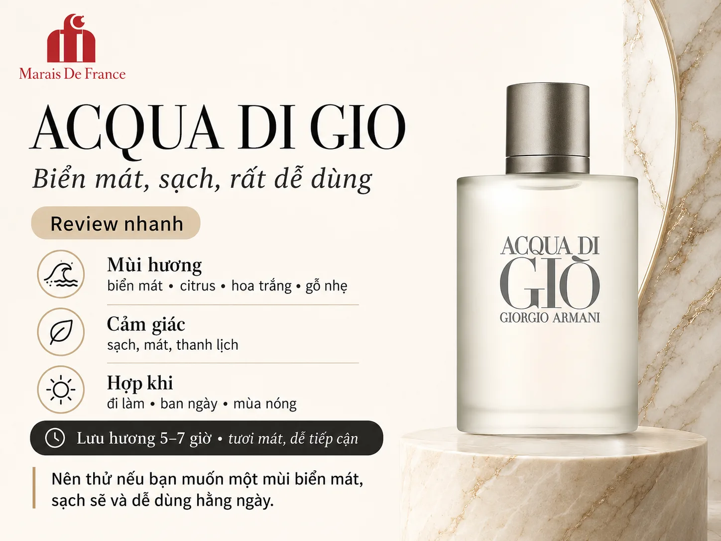 Acqua di Giò EDT với hương biển, citrus và gỗ nhẹ tươi mát dễ dùng