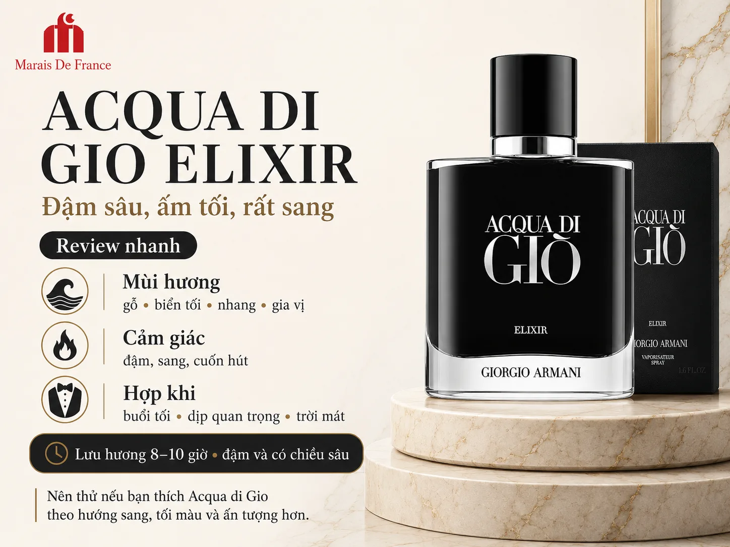 Acqua di Giò Elixir với hương gỗ, biển tối, nhang và gia vị đậm sâu sang trọng