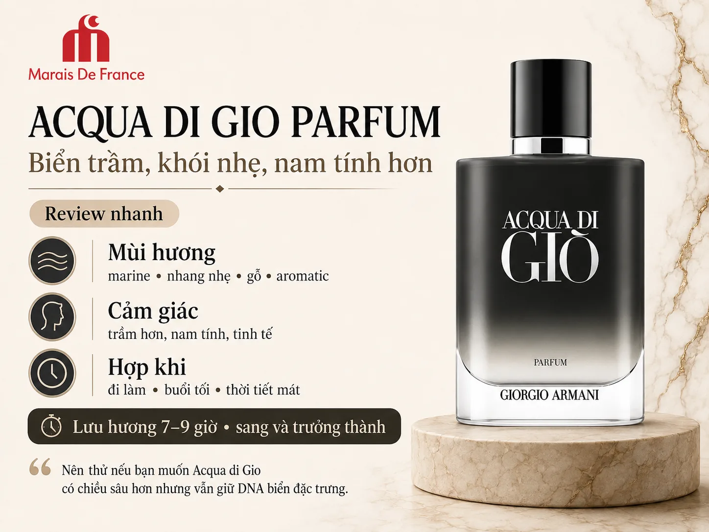 Acqua di Giò Parfum với hương biển, nhang nhẹ và gỗ mang phong cách nam tính sâu hơn