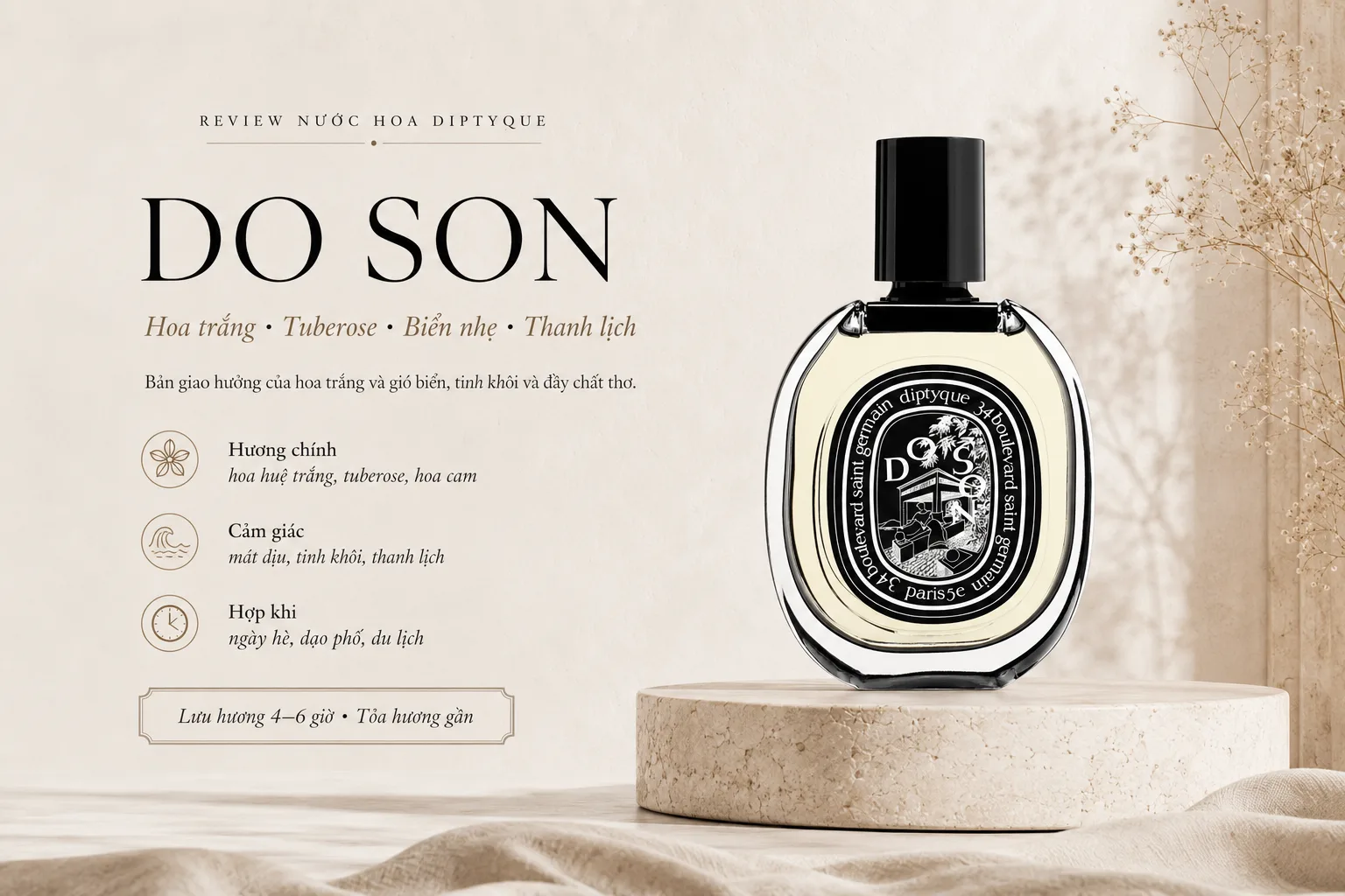 Diptyque Do Son với hương hoa huệ trắng, hoa cam và cảm giác biển nhẹ thanh lịch