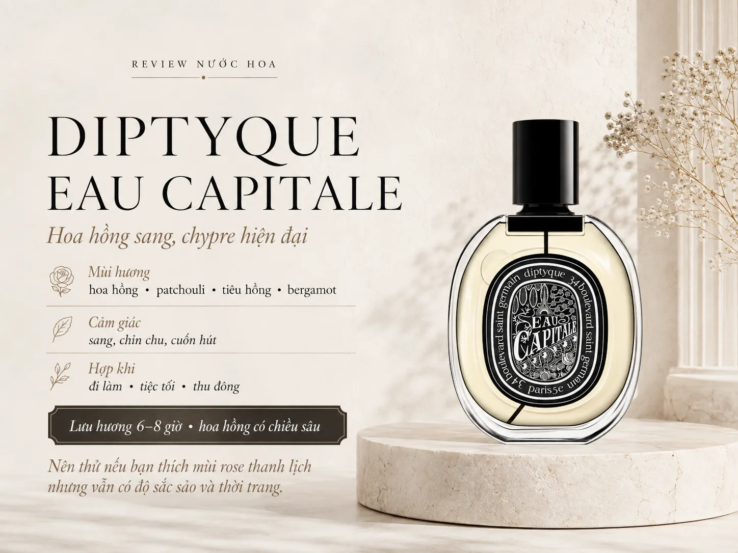 Diptyque Eau Capitale với hoa hồng, patchouli và phong cách chypre hiện đại