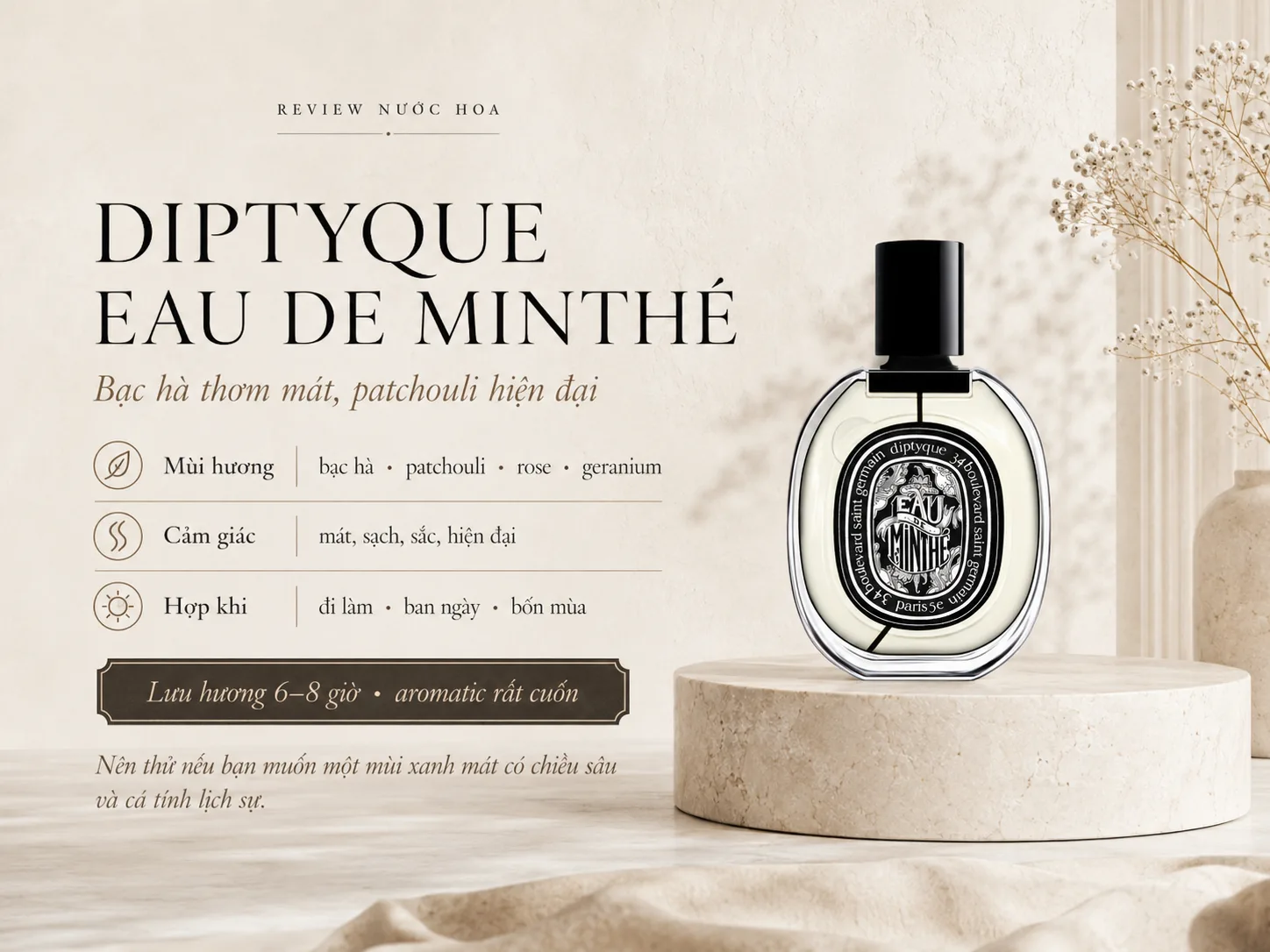 Diptyque Eau de Minthé với bạc hà, patchouli và phong cách aromatic sạch hiện đại