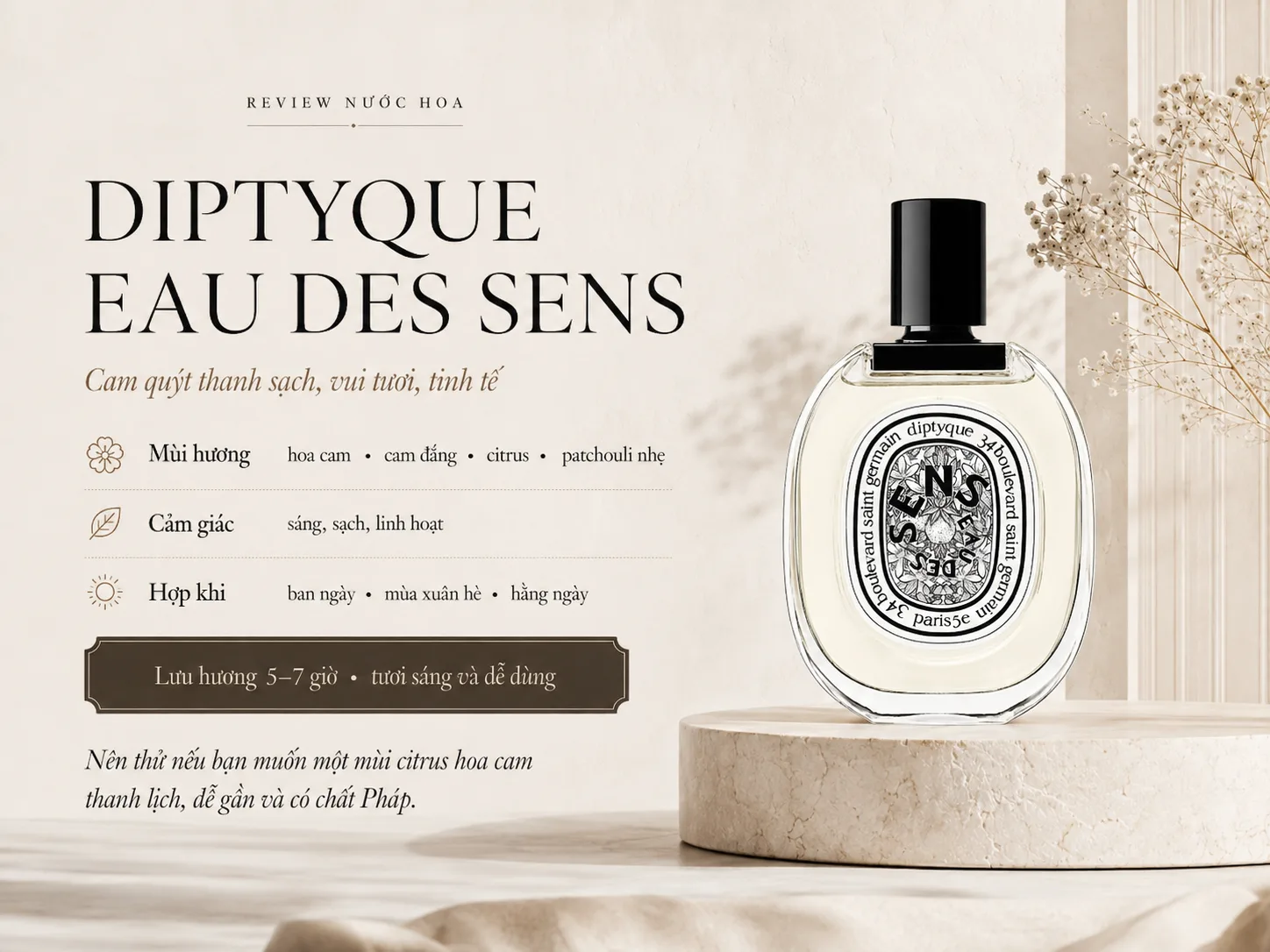 Diptyque Eau des Sens với hoa cam, citrus và cảm giác thanh sạch tươi sáng